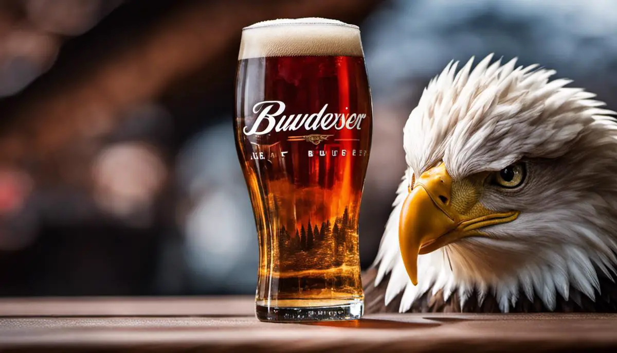 A Close-Up Image Of A Glass Of Budweiser Beer With The Iconic Bald Eagle Logo In The Background.