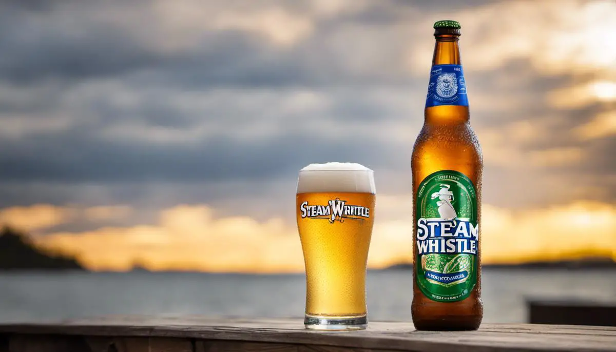 A bottle of Steam Whistle Pilsner beer with a glass beside it, showcasing its golden color and foamy head.