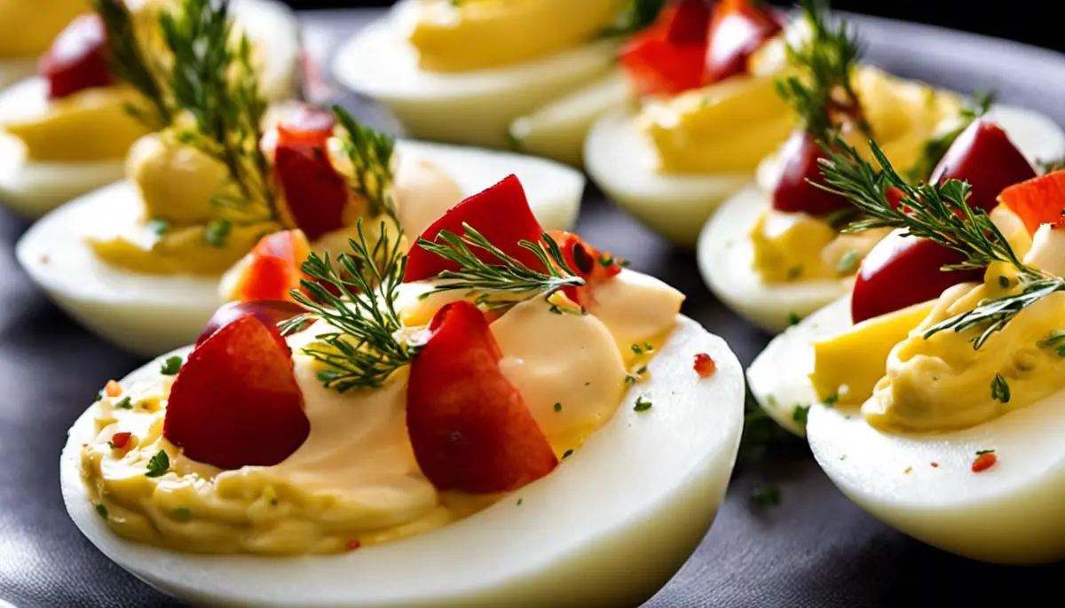 A platter of beautifully garnished deviled eggs - World's Best Deviled Eggs