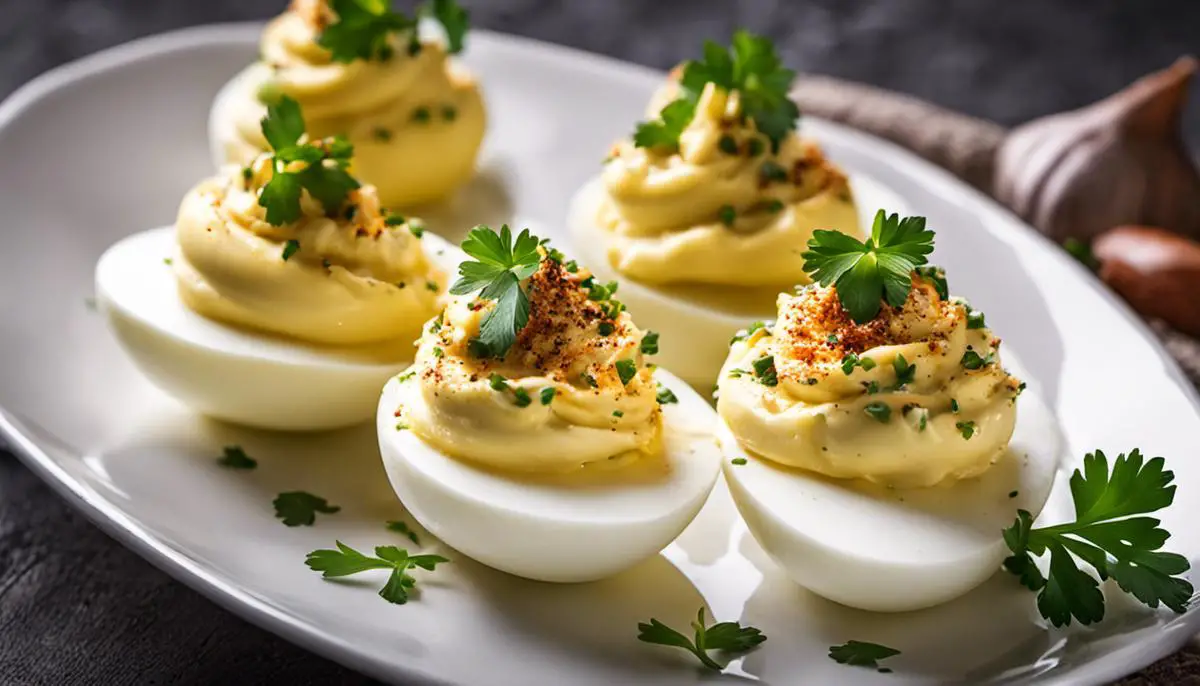 A close-up image of deviled eggs with a creamy filling and garnished with parsley. = World's Best Deviled Eggs